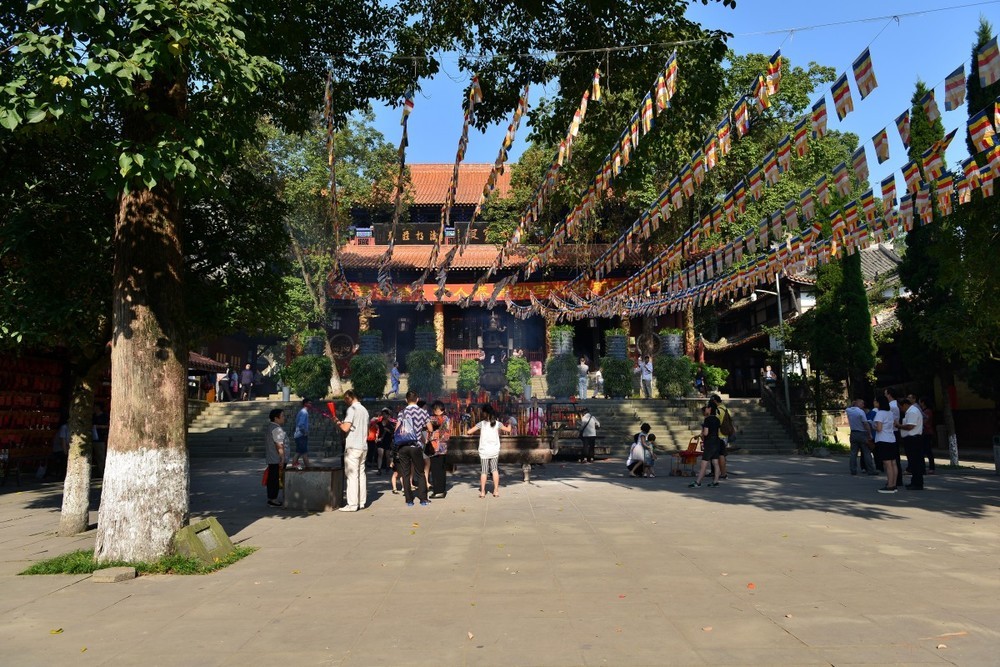 十月的广德寺庭院，古树、经幡与殿宇